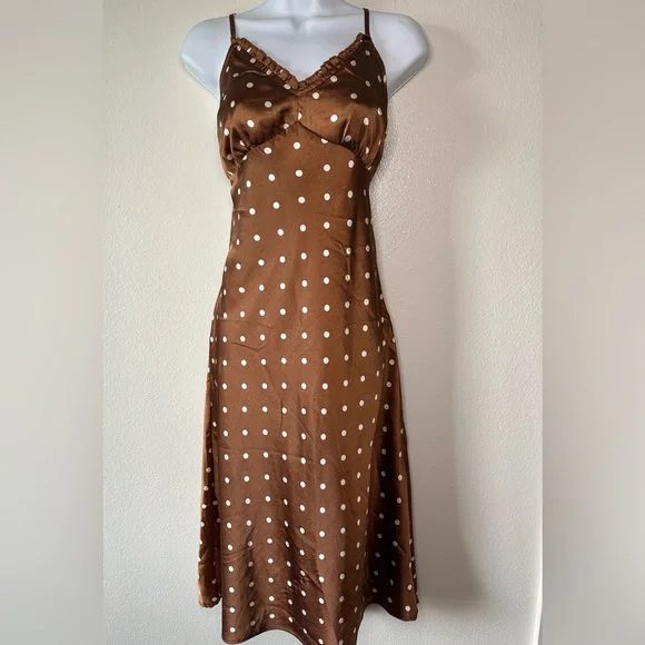 Japna Brown Polka Dot Satin Slip Dress Size M rockabilly - Picture 4 of 6